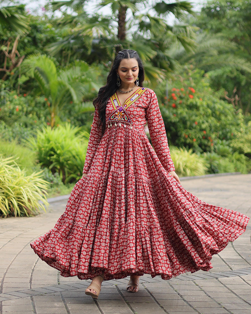 Navratri Special Maroon Color Cotton Gamthi Work Gown