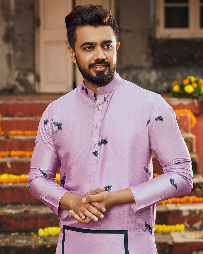 Lavender Color Printed Art silk Men's Kurta