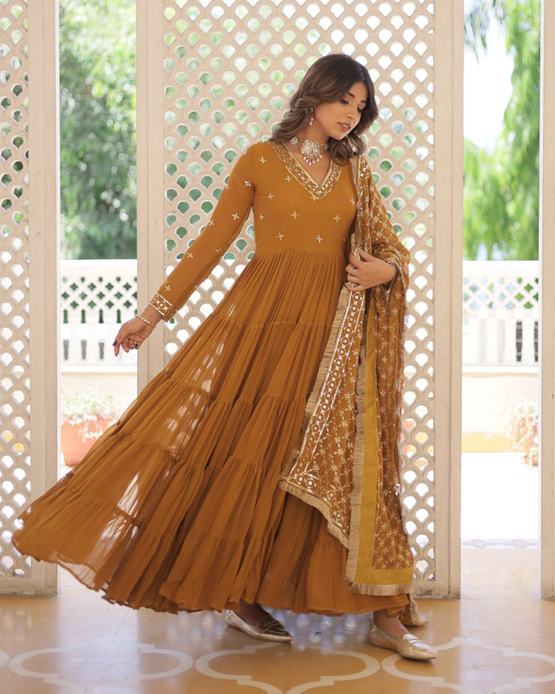 Designer Mustard Color Anarkali Gown With Embroidery Dupatta