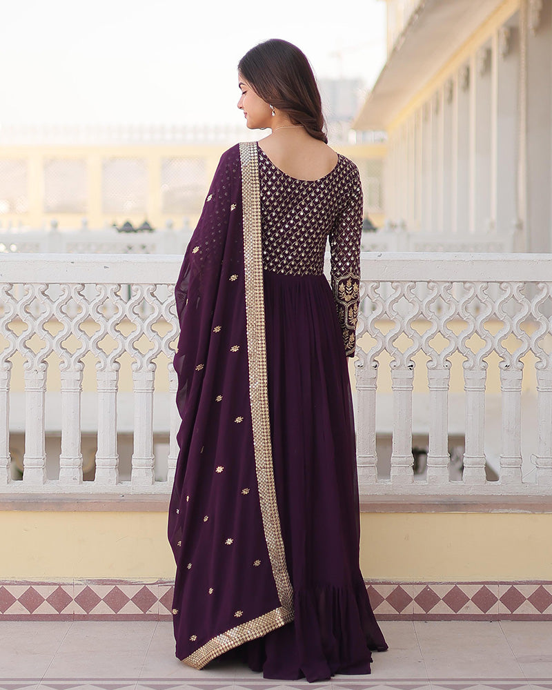 Beautiful Wine Color Blooming Anarkali Gown With Embroidered Dupatta