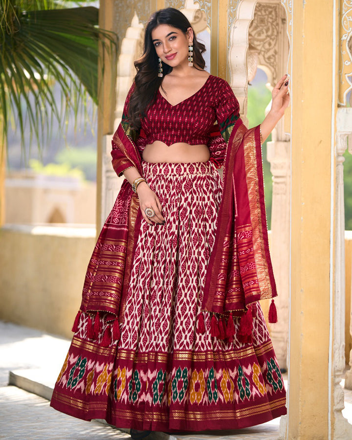 Maroon Color Tussar Silk Ikkat And Foil Work Lehenga Choli