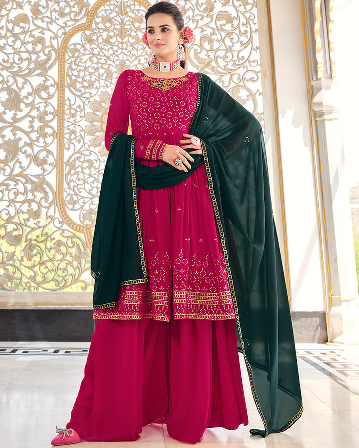 Embriodered Rani Pink Color Georgette Three Piece Palazzo Suit