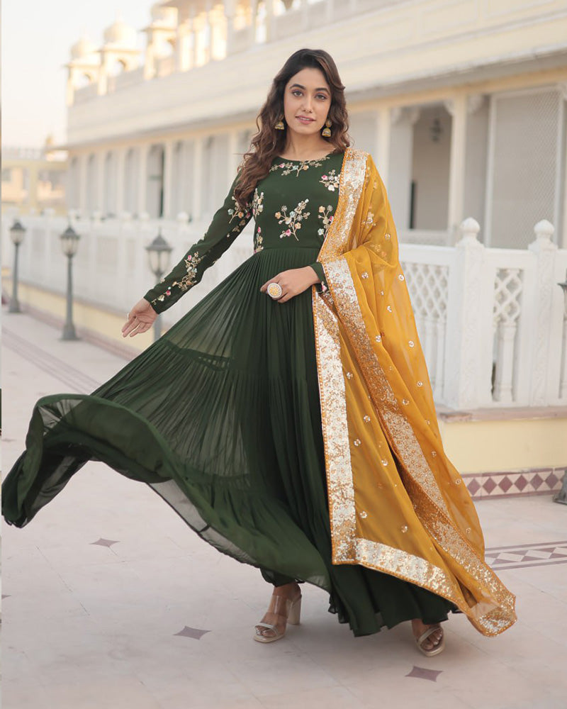 Olive Green Color Georgette Frill Gown With Designer Dupatta