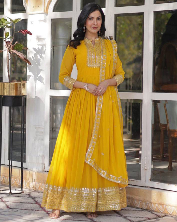 Designer Yellow Color Gown With Sequence Embroidered Dupatta