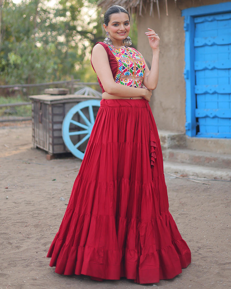 Maroon Color Rayon Frill And Embroidered Navratri Lehenga Choli