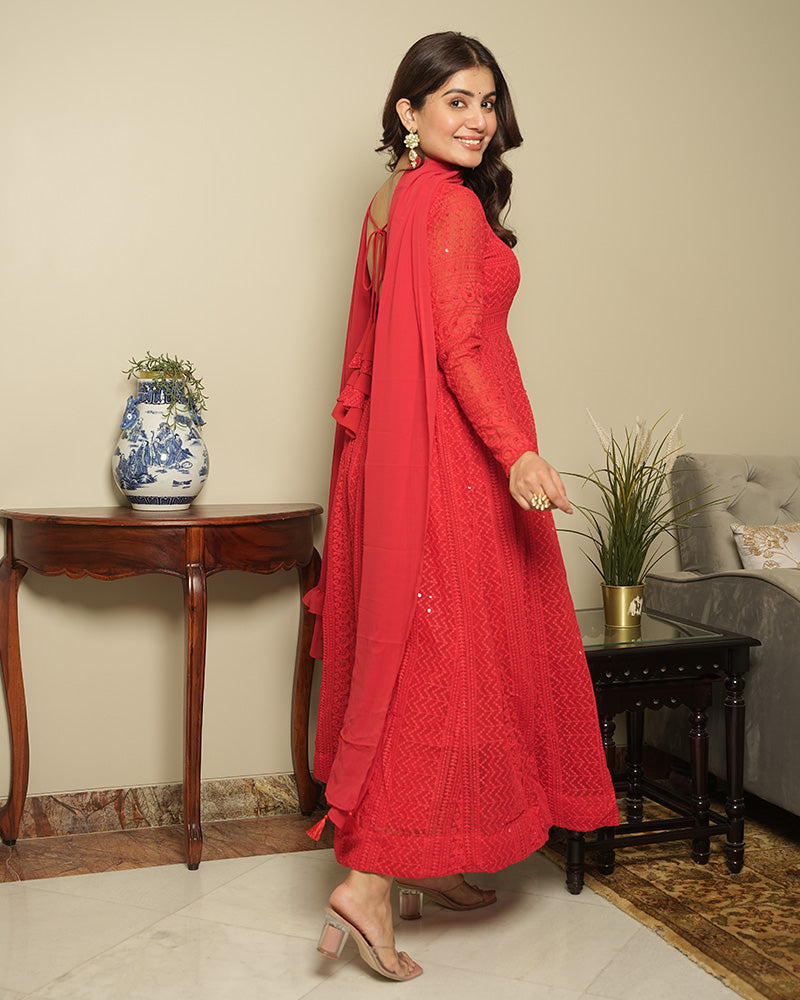 Red Color Soft Georgette Embroidered Lucknowi Anarkali Suit