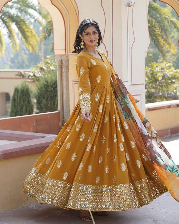 Beautiful Mustard Yellow Color Sequence Embroidered Anarkali Gown
