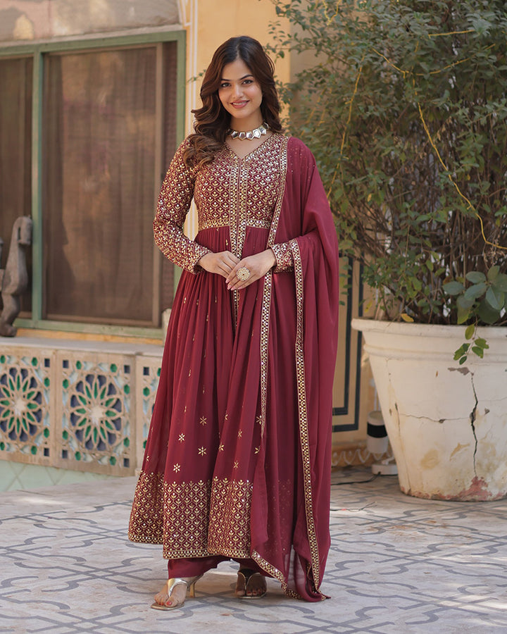 Brown Color Georgette Embroidered Sharara Suit