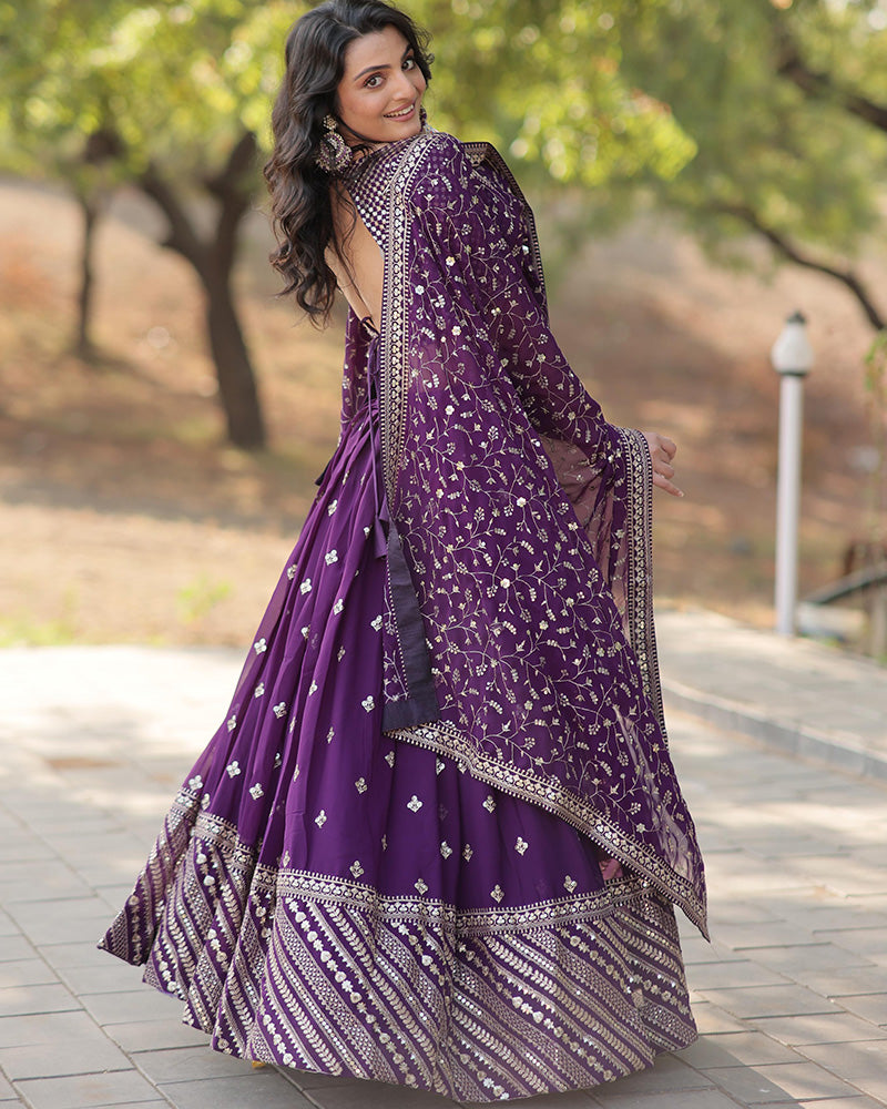 Wedding Wear Dark Purple Color Blooming Embroidered Lehenga Choli