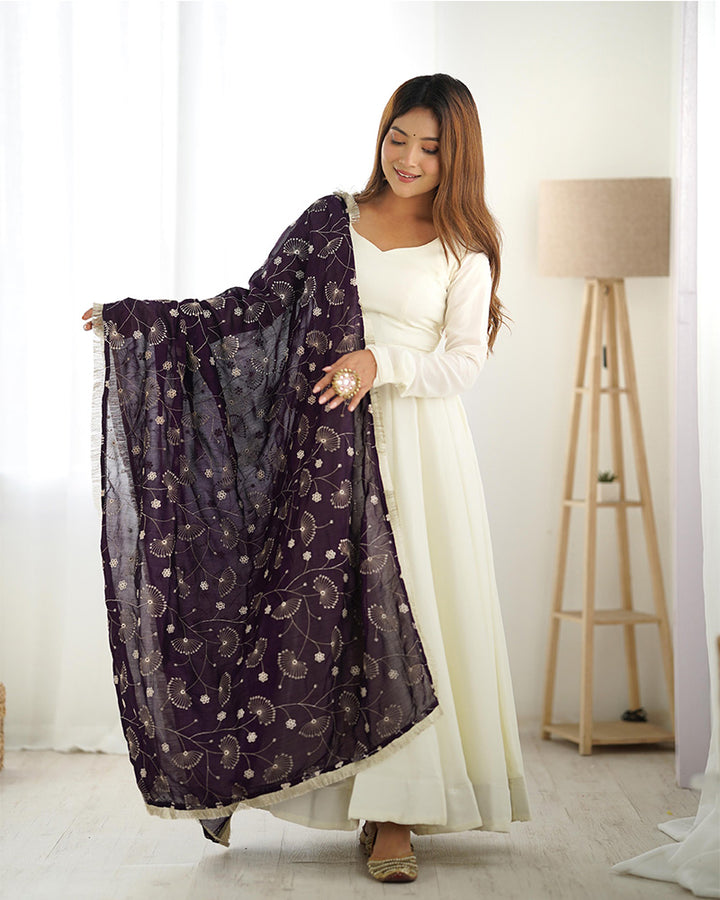 Dark Purple Dupatta With White Color Soft Silk Anarkali