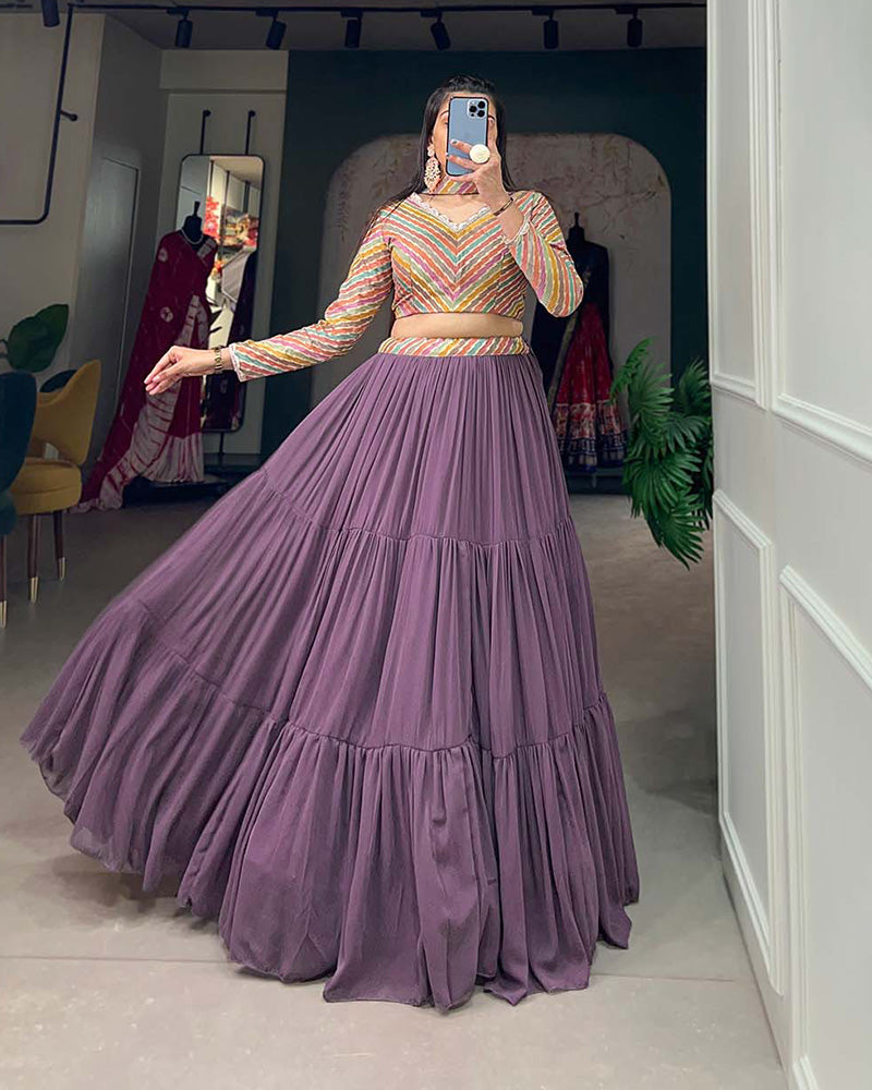 Lavender Color Georgette Designer Three Layer Lehenga Choli