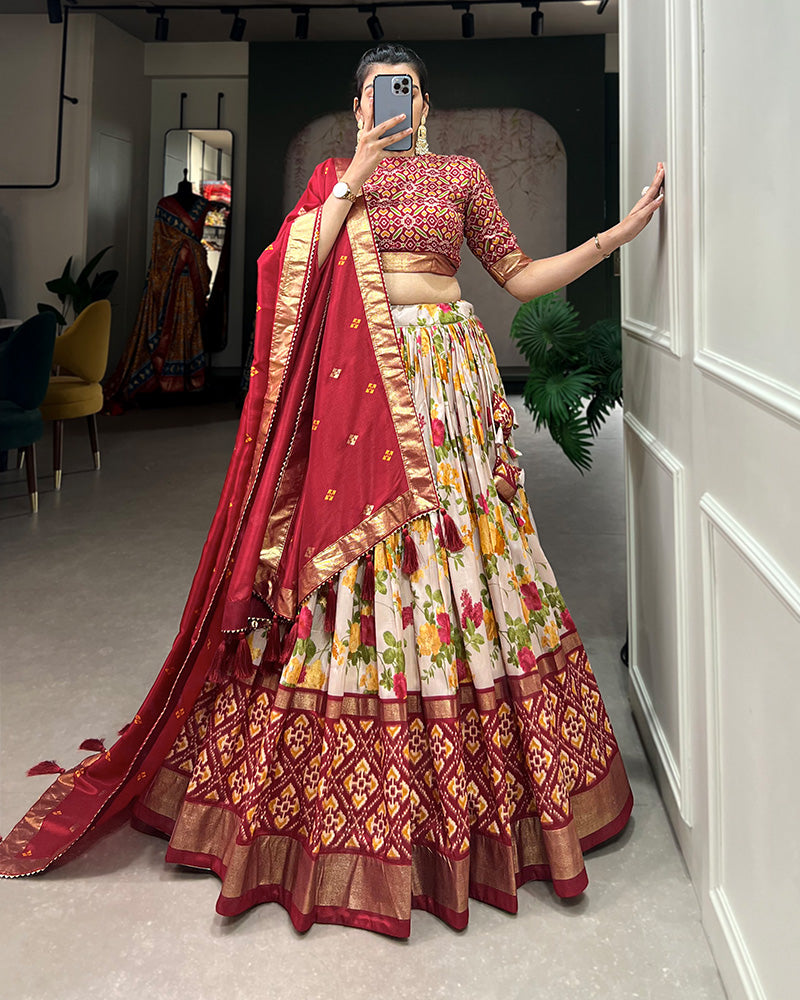 Red Color Floral And Patola Print Tussar Silk Lehenga Choli