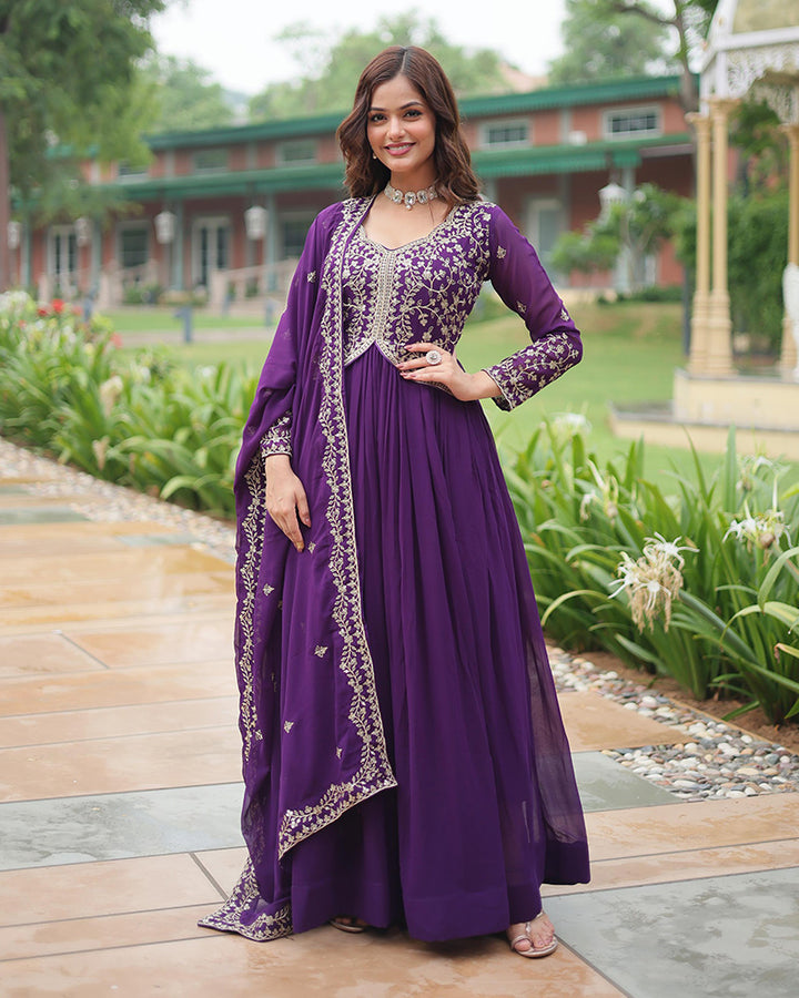 Designer Purple Color Anarkali Gown With Embroidery Dupatta