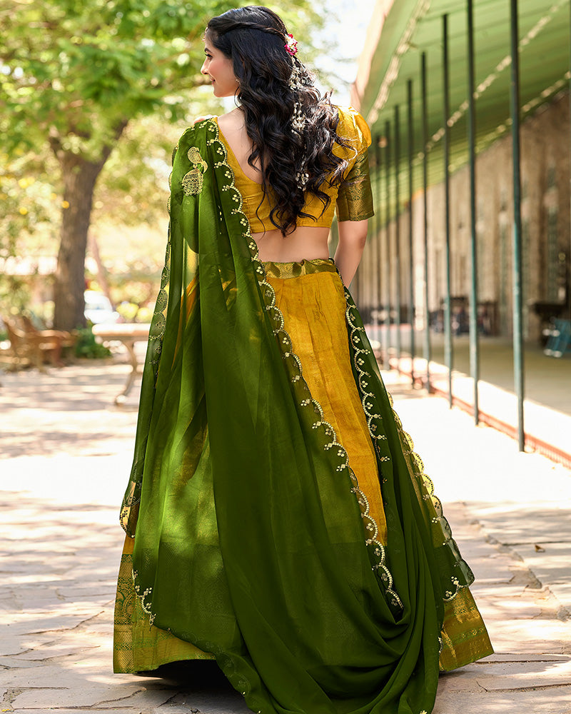 Designer Yellow Color Kanjivaram Lehenga Choli With Georgette Dupatta