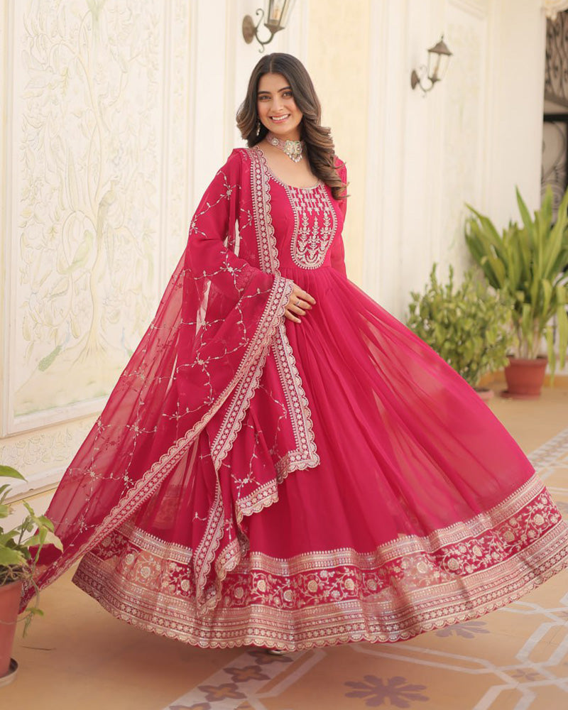 Exclusive Design Pink Color Anarkali Gown With Sequence Embroidery Dupatta