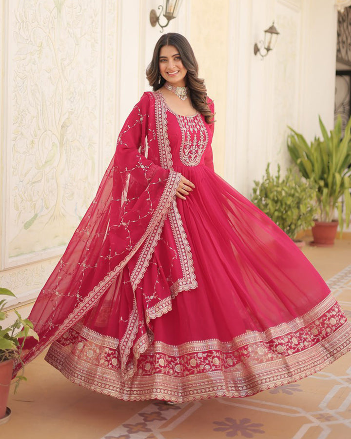 Exclusive Design Pink Color Anarkali Gown With Sequence Embroidery Dupatta