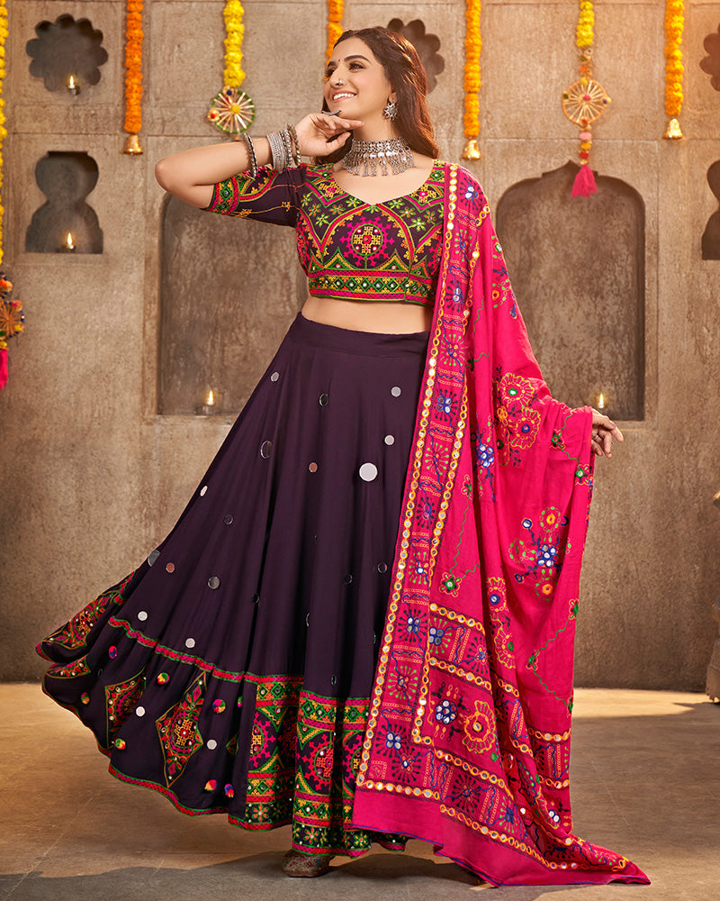 Purple Color Viscose Rayon Thread Embroidered Navratri Lehenga Choli