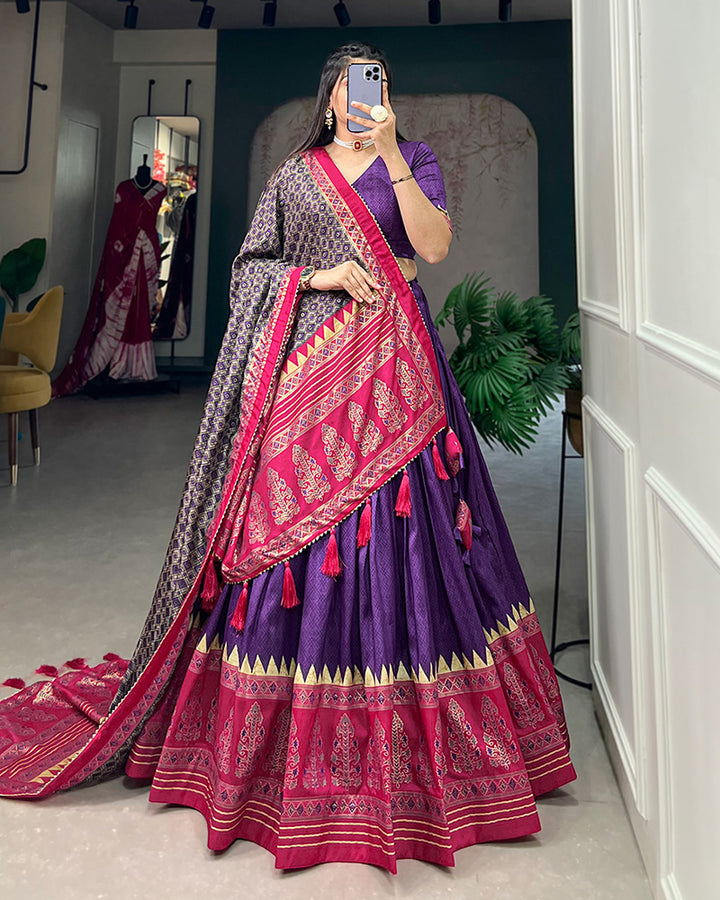 Purple Color Tussar Silk Foil Print Designer Semi Stitched Lehenga Choli