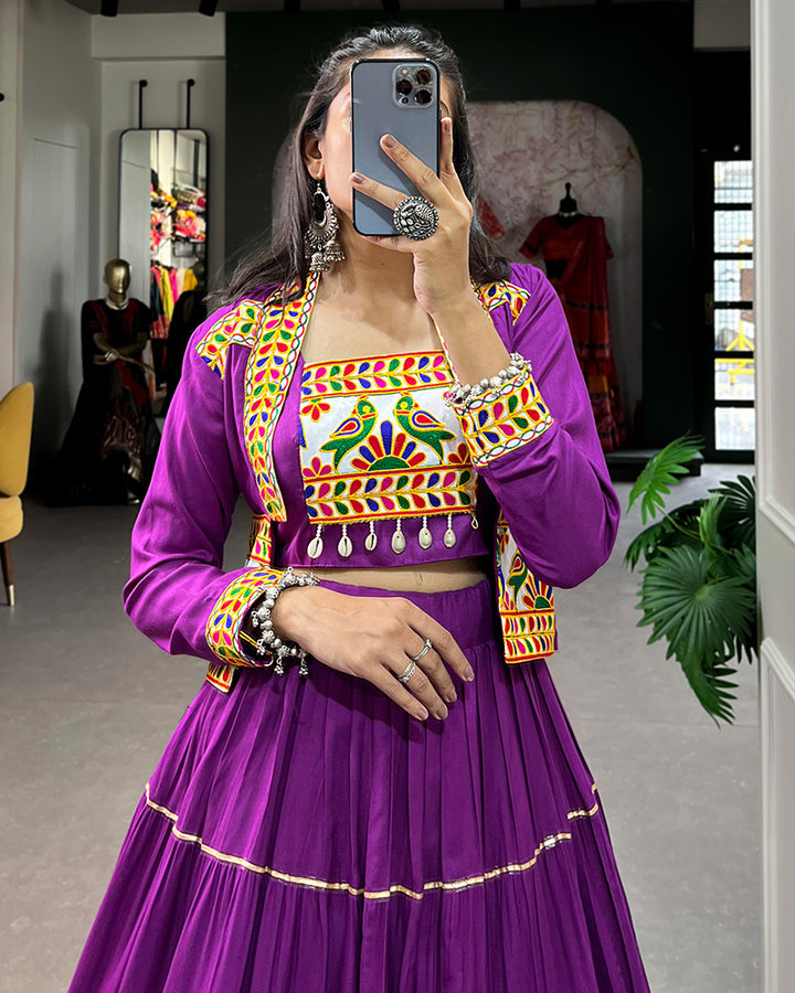 Purple Color Pure Rayon Frill And Gamthi Work Navratri Lehenga Choli