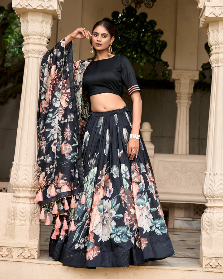 Black Color Floral Printed Tussar Silk Lehenga Choli