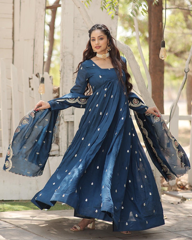 Beautiful Rama Color Shimmer Gown With Embroidered Dupatta