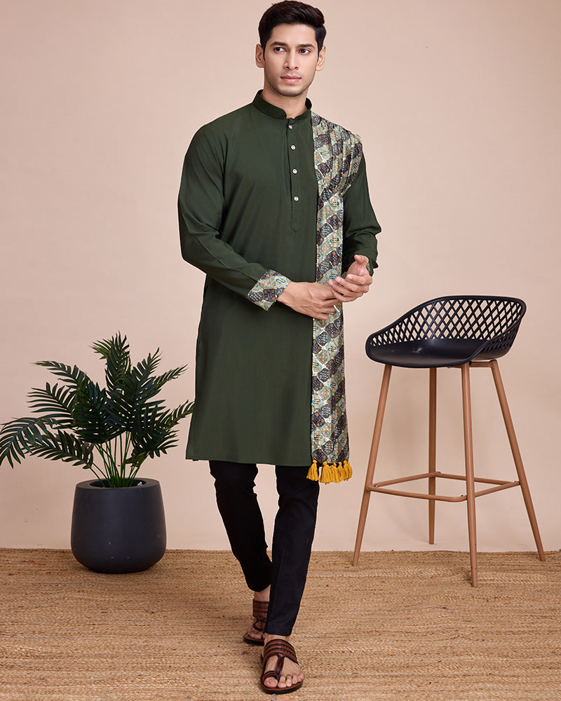 Green Color silk Men's Kurta With Dupatta