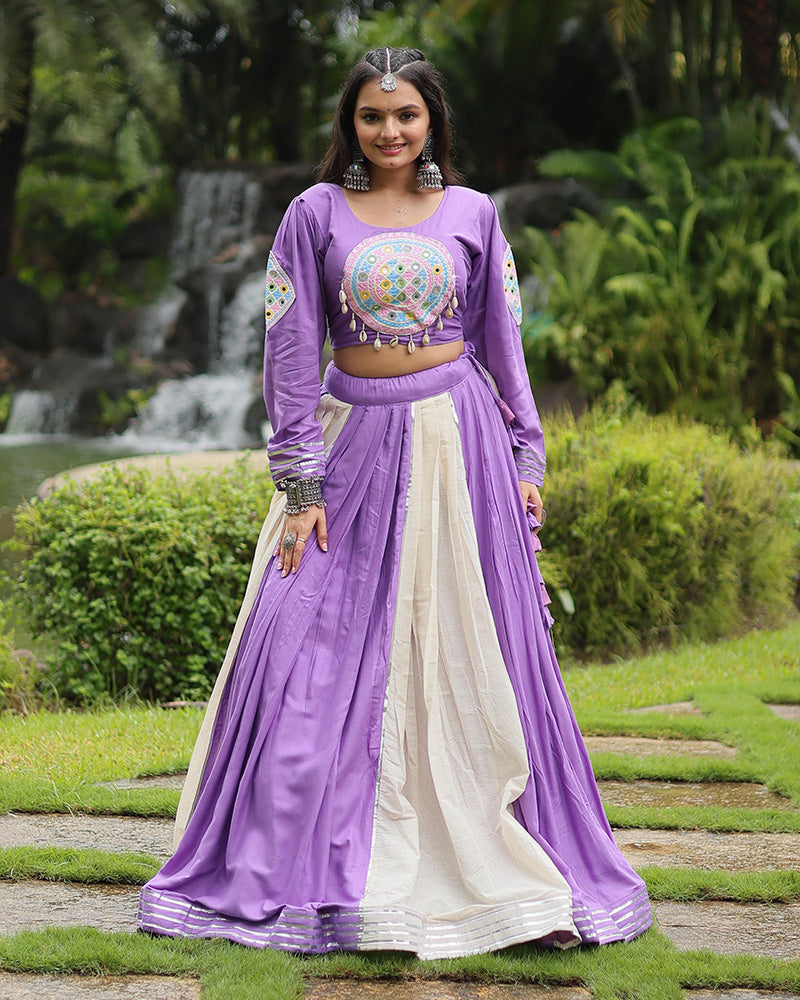 Navratri Wear Lavender And white Color Rayon And Cotton Lehenga Choli