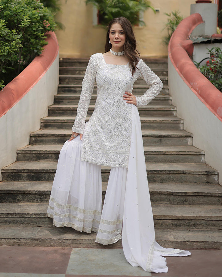 White Color Faux Georgette Three Piece Plazzo Suit