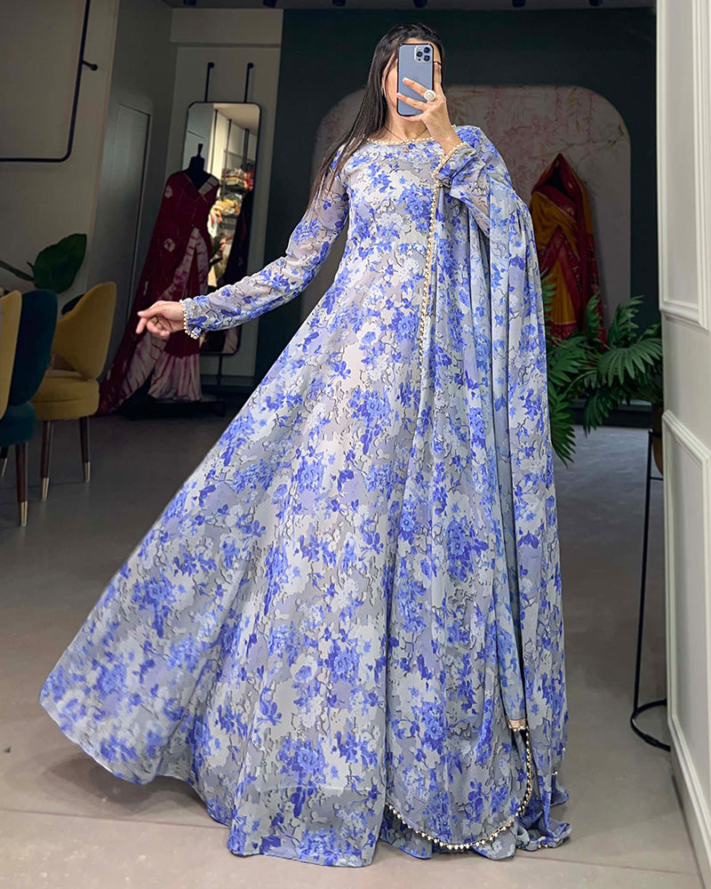 Sky Blue Color Designer Georgette Full Stitched Gown With Dupatta