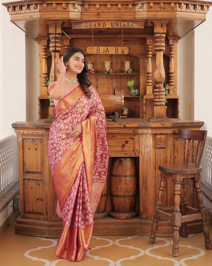 Designer Kanjivaram Silk Baby Pink And White Color Saree