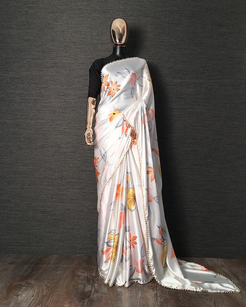 White Color Printed Japan Satin Saree With Pearl Lace Border