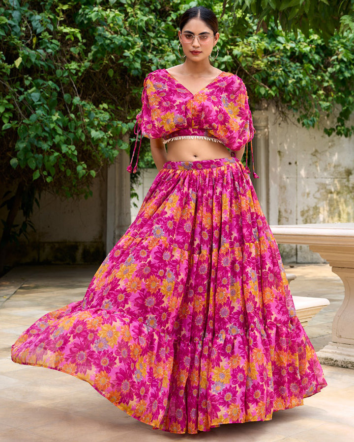 Pink Color Chiffon Floral Printed Lehenga Choli