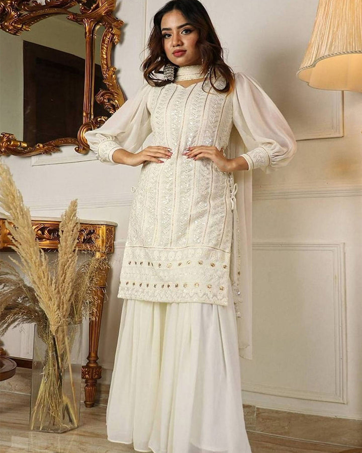 White Lucknowi Work Three Piece Sharara Suit