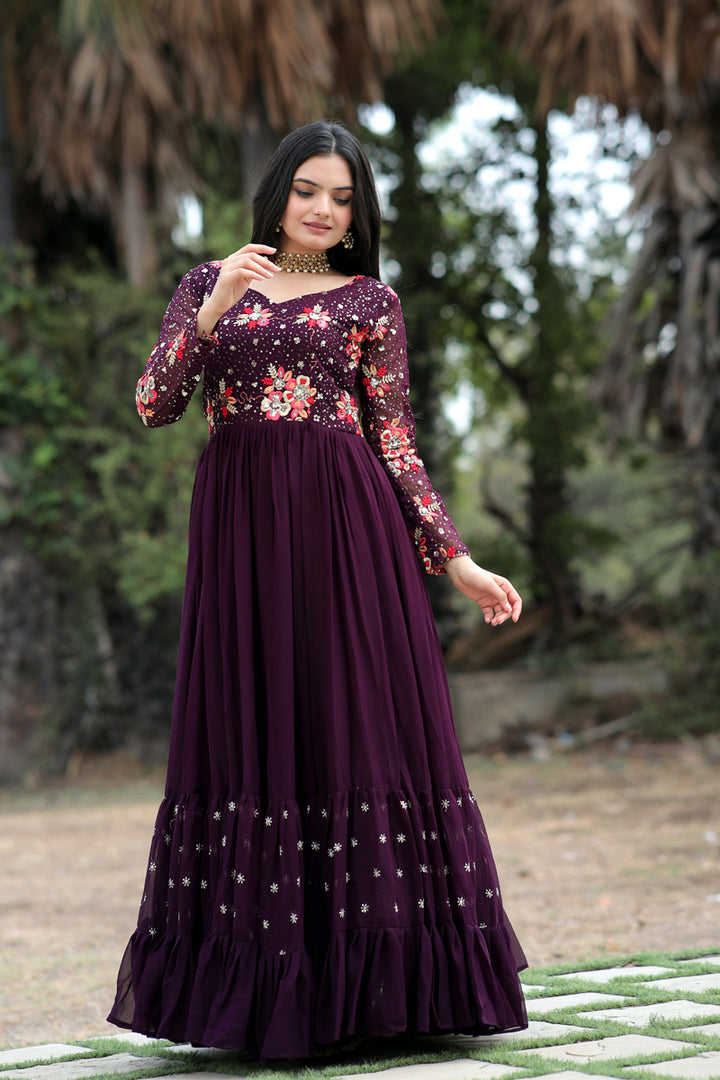 Wine Color Faux Blooming Fully Stitched  Designer Gown