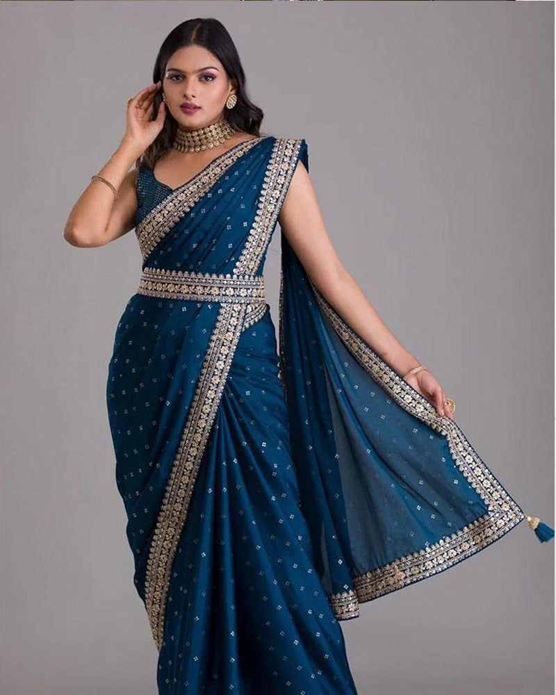 Navy Blue Color Dori Work Zari Sequins Kasturi Silk Saree