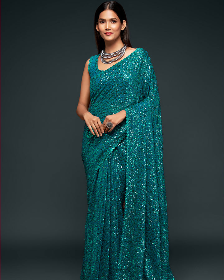 Teal Blue Color Designer Multipal Sequence Embroidery Georgette Saree