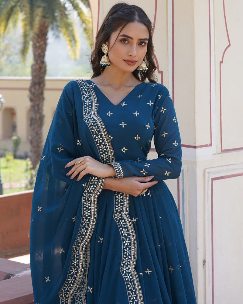 Beautiful Rama Color Georgette Gown With Sequence Embroidery Dupatta