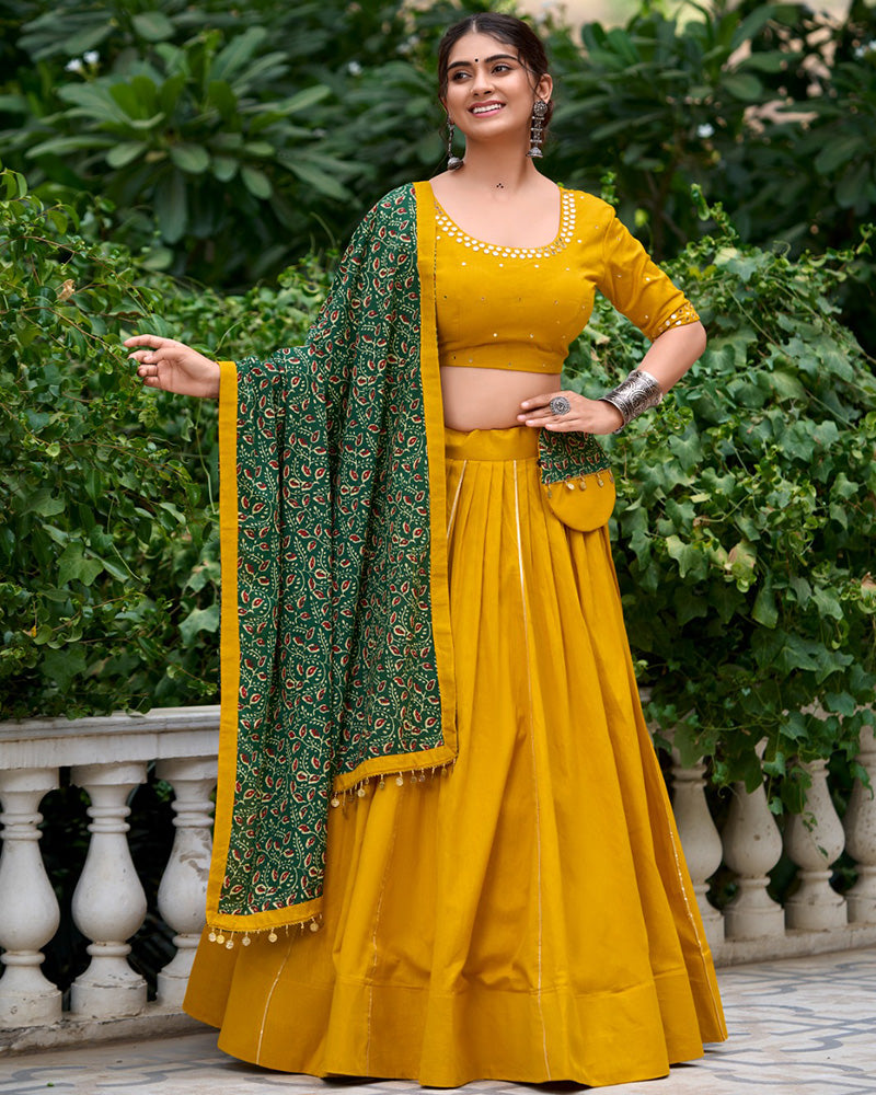 Designer Mustard Color Cotton Navratri Lehenga Choli