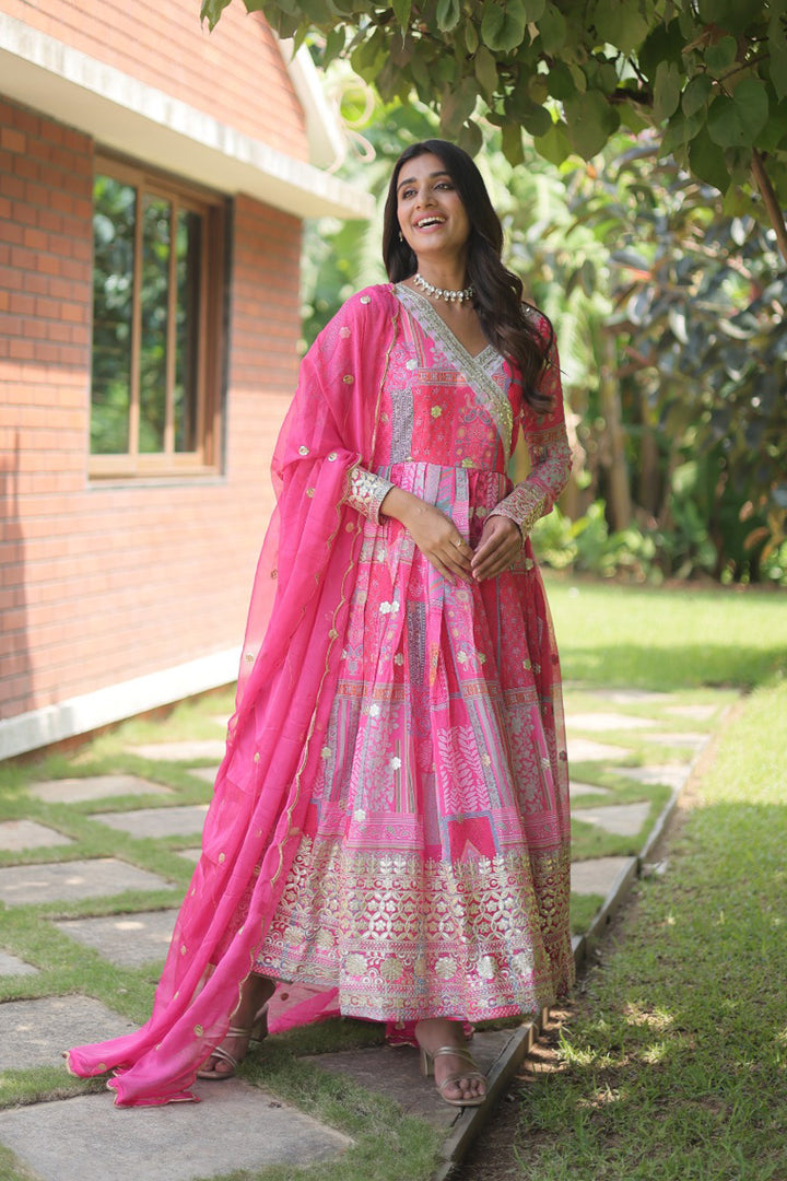 Pink Color Russian Silk Fully Stitched Gown With Dupatta
