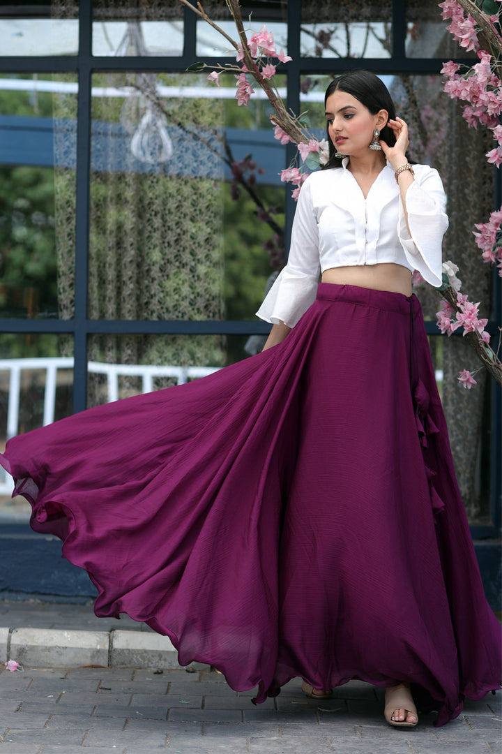 Wine Color Fully Stitched Chinnon Crop Top Lehenga With Phantom Silk Designer Blouse