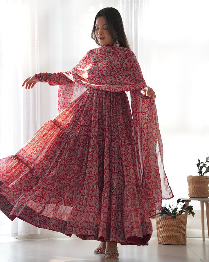 Kalamkari Maroon Color Georgette Frill Anarkali Suit