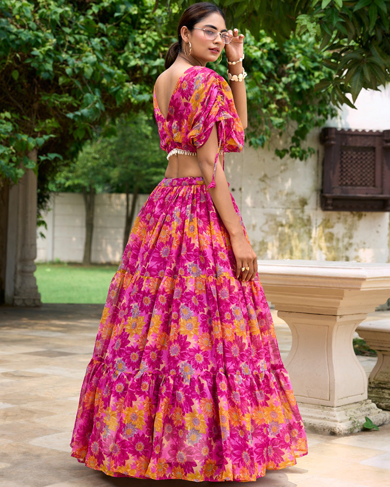 Pink Color Chiffon Floral Printed Lehenga Choli