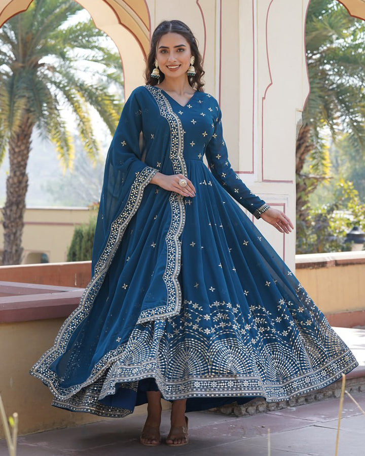 Beautiful Rama Color Georgette Gown With Sequence Embroidery Dupatta