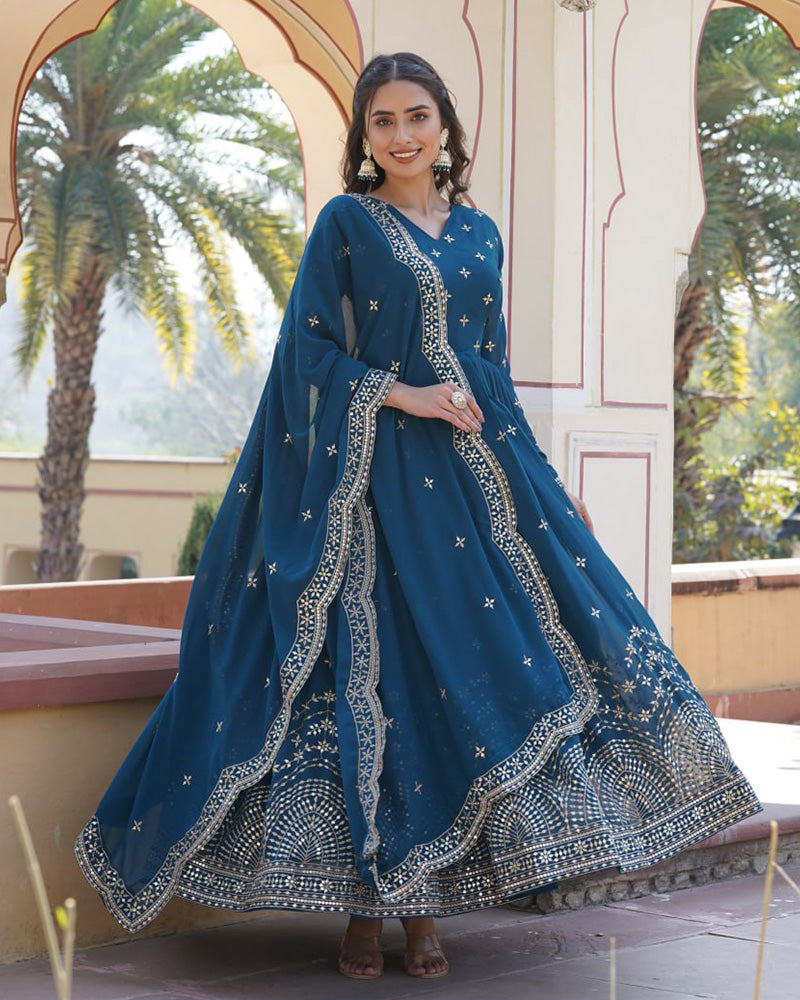 Beautiful Rama Color Georgette Gown With Sequence Embroidery Dupatta