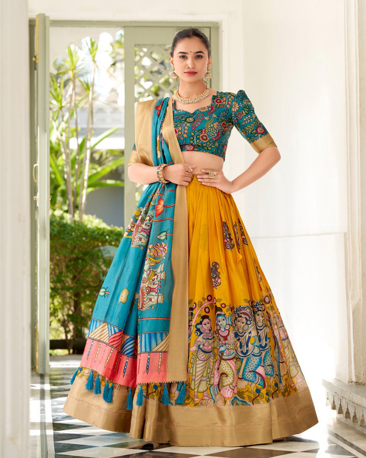 Exclusive Designer Yellow Color Kalamkari Printed Dola Silk Lehenga Choli