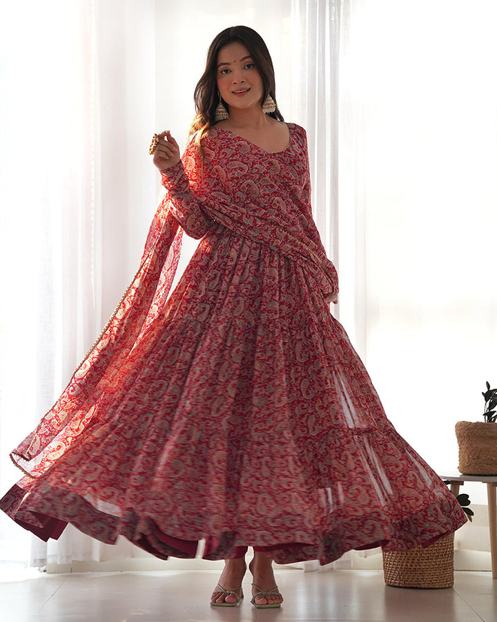 Kalamkari Maroon Color Georgette Frill Anarkali Suit