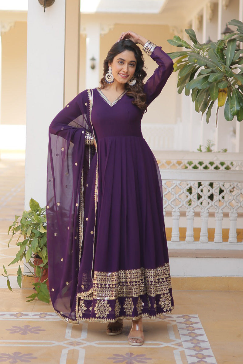 Wine Faux Blooming Gown With Dupatta With Attractive Embroidery Sequence Work