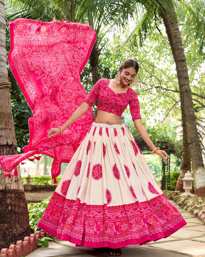 Bandhej Print Pink Color Tussar Silk Lehenga Choli