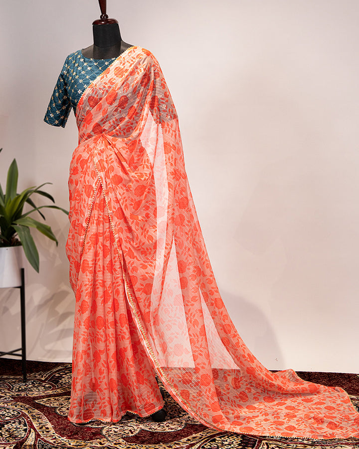 Orange Color Embroidery Work Zari Chiffon Printed Saree