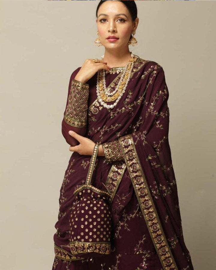 Wedding Wear Wine Color Embroidery Soft Georgette Lehenga Saree With attached Dupatta